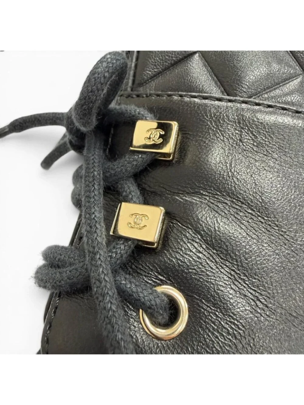 Chanel CC Logo Quilted Lace Up Leather Short Boots Black